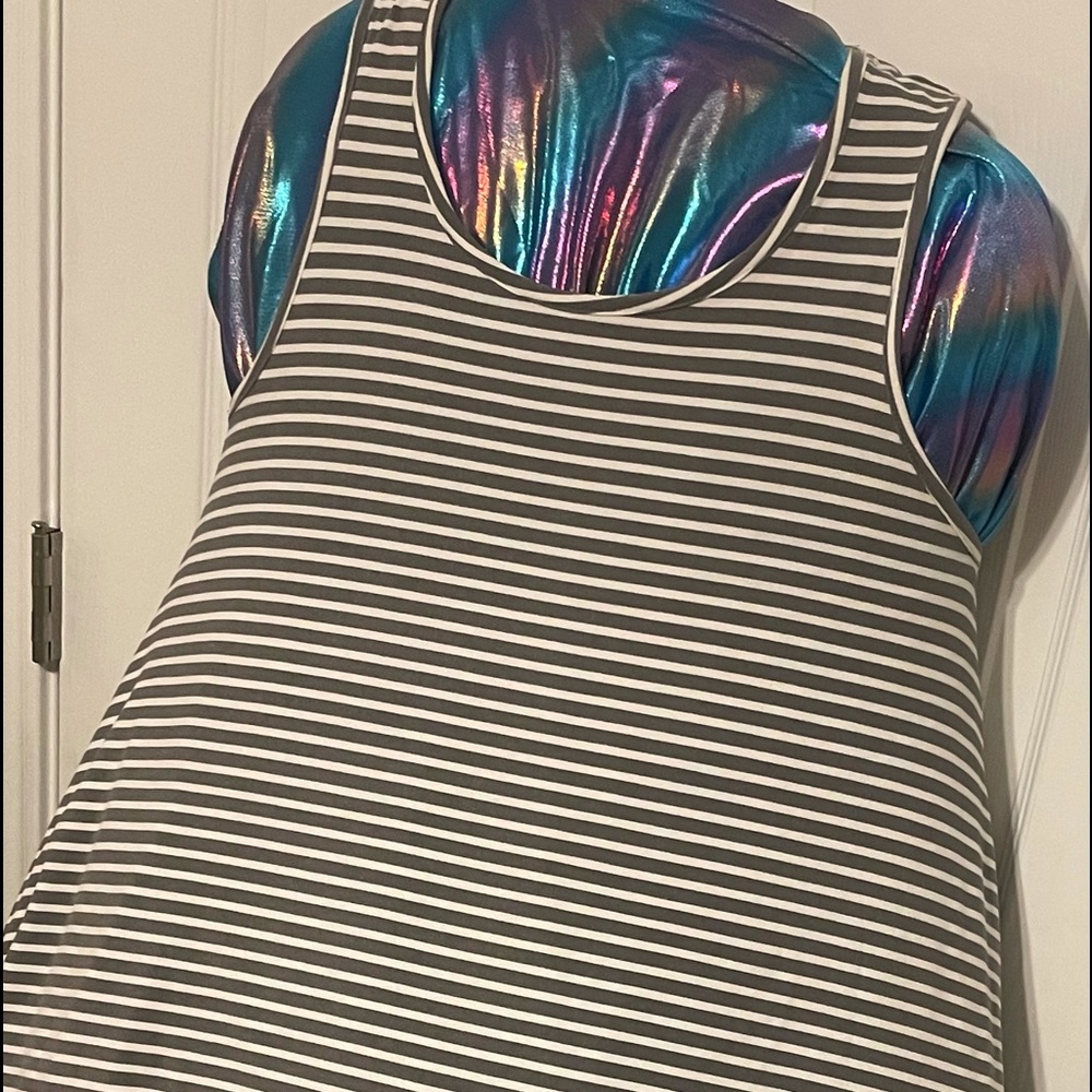 Beautiful Hot Kiss  grey and cream colored striped casual sleeveless dress.